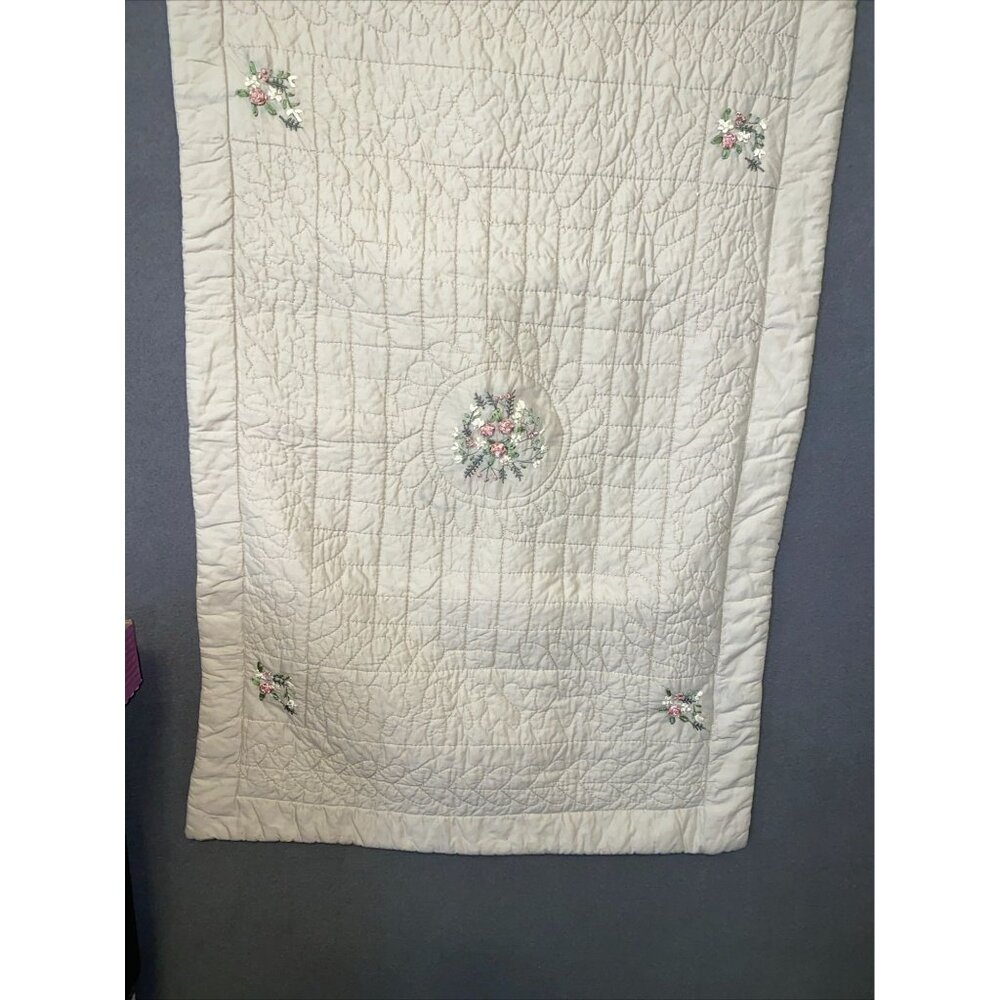 Vtg Machine Embroidered Floral 2 King Size 100% Cotton Charming Floral Hearts